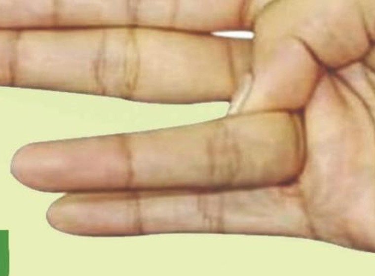 Detoxification Mudra hand gesture with middle and ring fingers pressed by the thumb