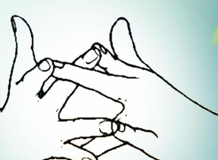 Surabhi Mudra hand gesture with fingers crossed forming a cow horn shape